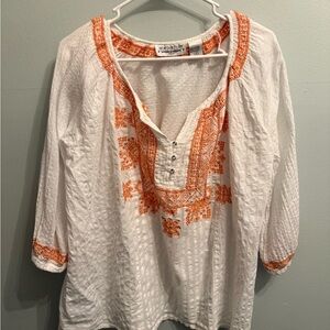 New Directions White and Orange Embroidered Blouse